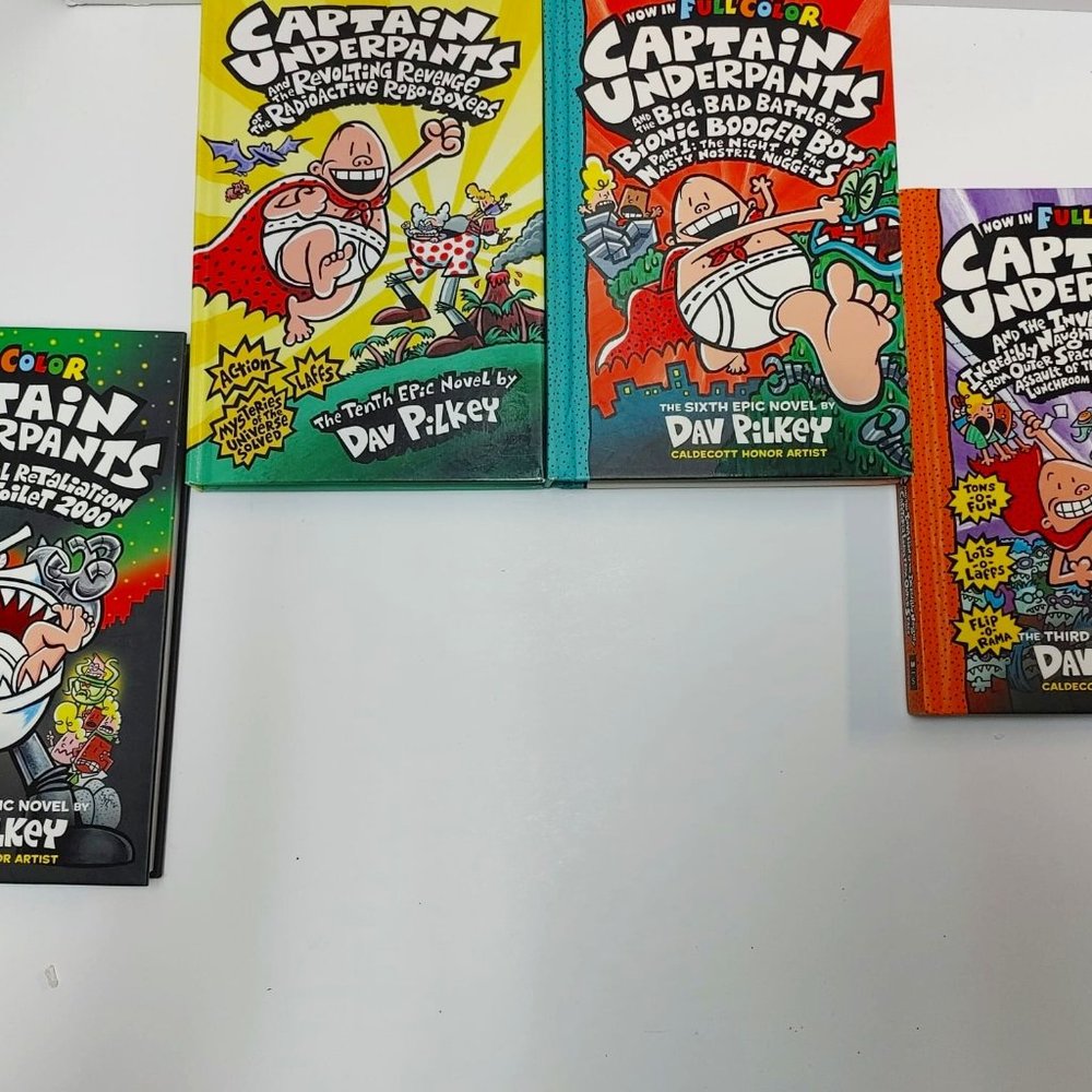(4) CAPTAIN UNDERPANTS HARDCOVER BOOKS, ACTION ADVENTURE BOOKS TURBO TOILET